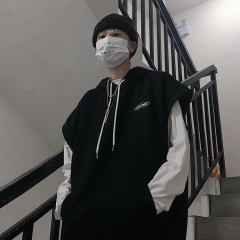 2020春季韩国ins韩版秋冬字母刺绣宽松无袖马甲背心连帽卫衣男 黑色 XL