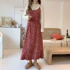 2020韩版灯芯绒小碎花吊带连衣裙长款打底裙女人味春季复古仙女裙