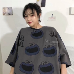 韩国东大门新款宽松芝麻街圆领卡通印花T恤女ins打底短袖上衣学生