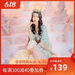 风翎歌汉服女齐腰对襟衫裙大袖衫一片式褶裙中国风夏 青色 XS