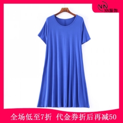 夏季短袖连衣裙女宽松显瘦黑色大摆裙中长款圆领纯棉打底裙