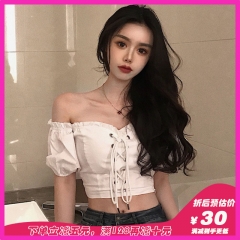 设计感小众短袖衬衣女夏性感一字领露肩短款修身显瘦白色衬衫上衣