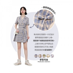 2020年春季新款韩版收腰显瘦格纹西装领双排扣短袖A字连衣裙 紫色 xs