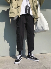 春季新款复古大口袋工装裤男宽松潮牌直筒韩版百搭休闲裤子 黑色 M