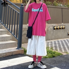 原宿风t恤女夏装2020年新款蓝绿色上衣短袖ins潮网红超火衣服半袖 玫红 s