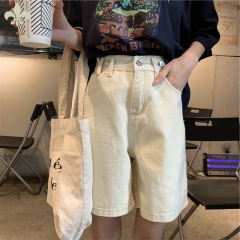 高腰牛仔短裤女夏2019新款韩版学生宽松百搭松紧腰五分裤阔腿热裤 杏色 s