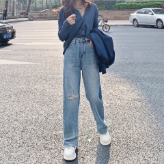 2020热卖牛仔裤高腰宽松显瘦破洞直筒阔腿牛仔裤女小个子破洞开叉拖地裤