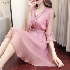 法式连衣裙2020新款雪纺长裙女装桔梗显瘦过膝智熏显高仙女裙