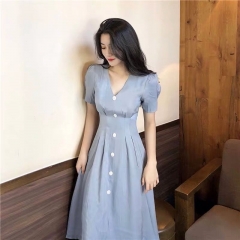 雪纺连衣裙2020新款女装夏季小个子清新甜美喇叭袖修身显瘦裙子