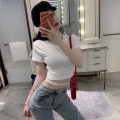 粉色流苏短款纯棉t恤女夏网红打底衫女ins超火春秋上衣女内搭百搭