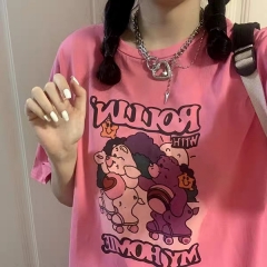 ins超火短袖t恤女夏装鬼马系少女chic潮牌怪味学生宽松半袖上衣服 玫红 m