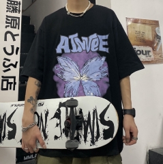 原宿风t恤女夏蝴蝶印花2020年新款宽松韩版上衣半袖超火短袖ins潮 黑色 M
