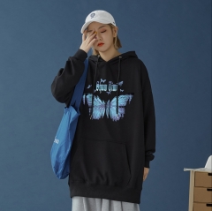 oversize卫衣女春秋季2020绒衫连帽蝴蝶酷酷风格女装 黑色 M