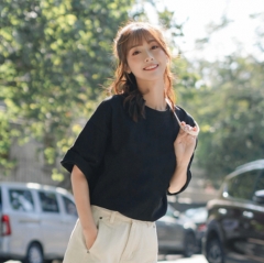 白色短袖t恤女装2020新款潮夏装半袖体恤韩版ins纯色紫色宽松上衣 黑色 S