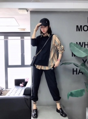 欧洲站秋装女2020新款欧货港味复古气质卫衣拼条纹假两件衬衫上衣 黑色 S