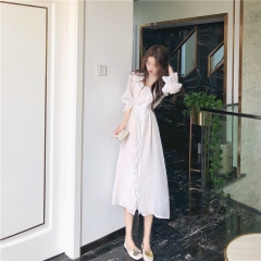 2020新款秋法式小众温柔风花瓣领仙女收腰显瘦防晒衬衫连衣裙 白色 s