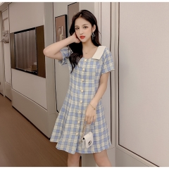 短款小个子方领格纹连衣裙女夏蓝色小清新收腰2020年新款格子裙子 浅蓝色 s