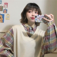 秋装少女感穿搭复古宽松假两件上衣长袖学生学院风格子衬衫女盐系 杏色 S