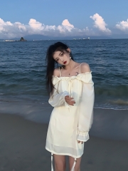浅川酒一露肩连衣裙2020年新款女夏薄款海边度假裙子仙女超仙森系 杏色 S