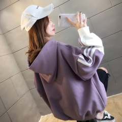 加绒加厚撞色拼接连帽长袖套头卫衣秋冬大码女装2020新款盐系外套