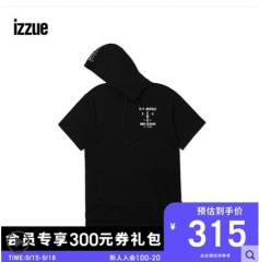 izzue男装连帽短袖卫衣休闲时尚刺绣宽松 黑 M