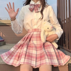 树莓红茶jk制服裙女正统基础款格子百褶裙短袖学生日系学院风套装 短袖衬衫+领结 X