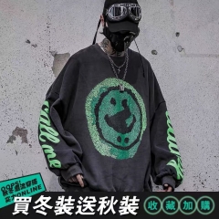 顽楽国潮春秋新款ins抽象笑脸印花卫衣男潮牌宽松情侣休闲上衣潮 黑色 S