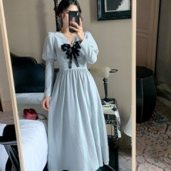 仙女裙子秋季法式复古小清新蝴蝶结泡泡长袖收腰连衣裙中长款学生