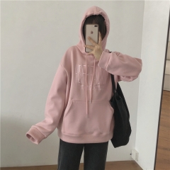muzi 2020冬/复合加绒连帽卫衣女 厚实刺绣字母套头休闲外套