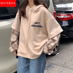 长袖T恤少女秋装2020新款初中高中学生韩版宽松百搭假两件上衣服 杏色假两件 s