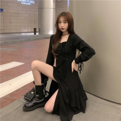 长袖连衣裙设计感小众秋装法式小黑裙长裙黑色长款复古裙子女春季